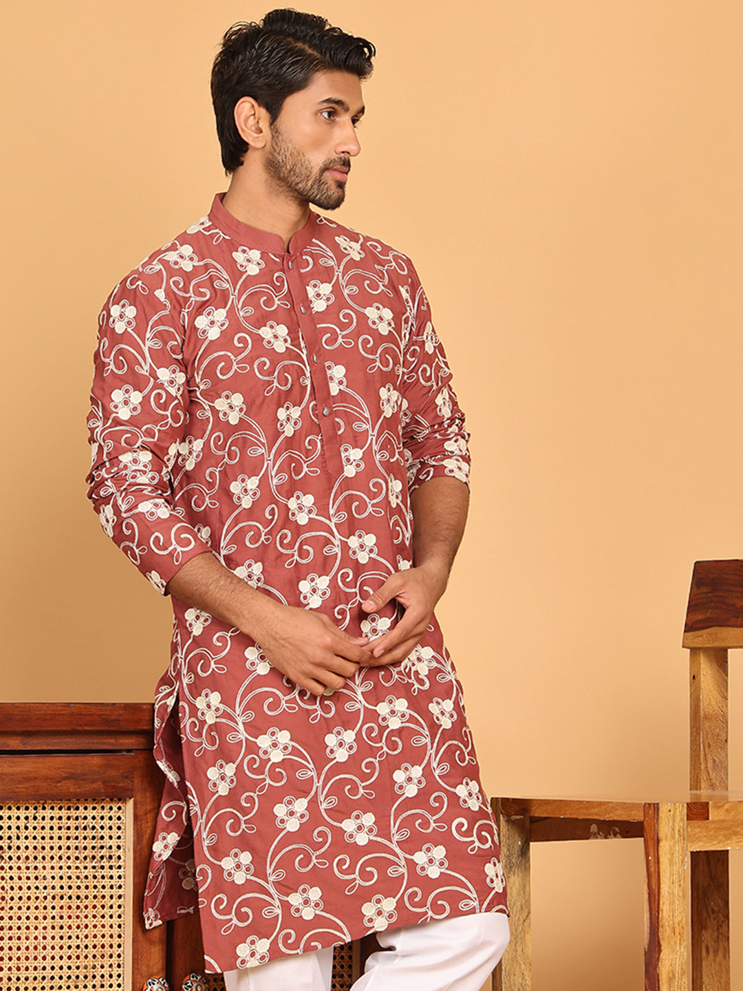 Floral Embroidered Straight Kurtas For Men ( KO 5193 Rust ) [FF] [I-1-4]