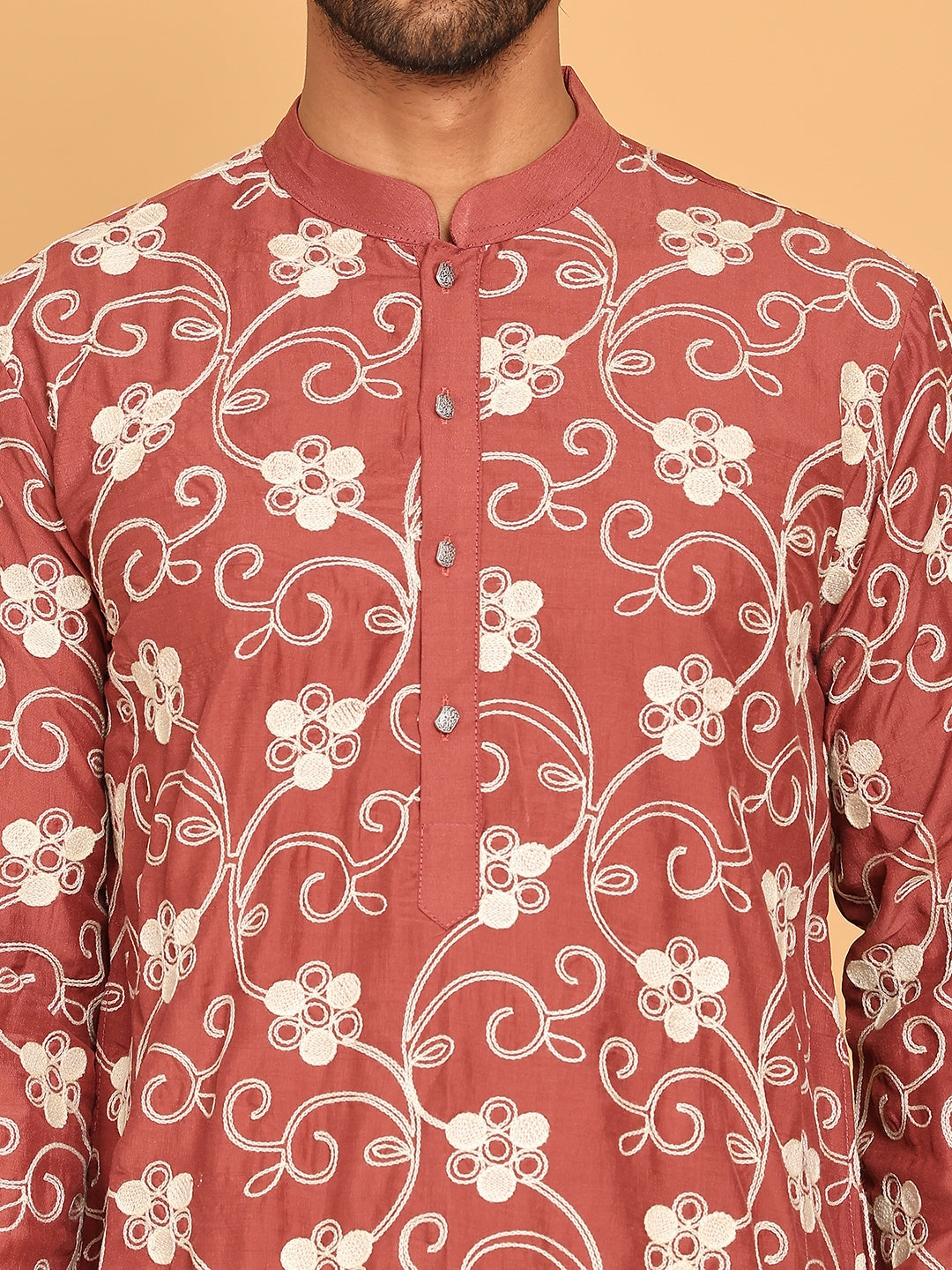 Floral Embroidered Straight Kurtas For Men ( KO 5193 Rust ) [FF] [I-1-4]
