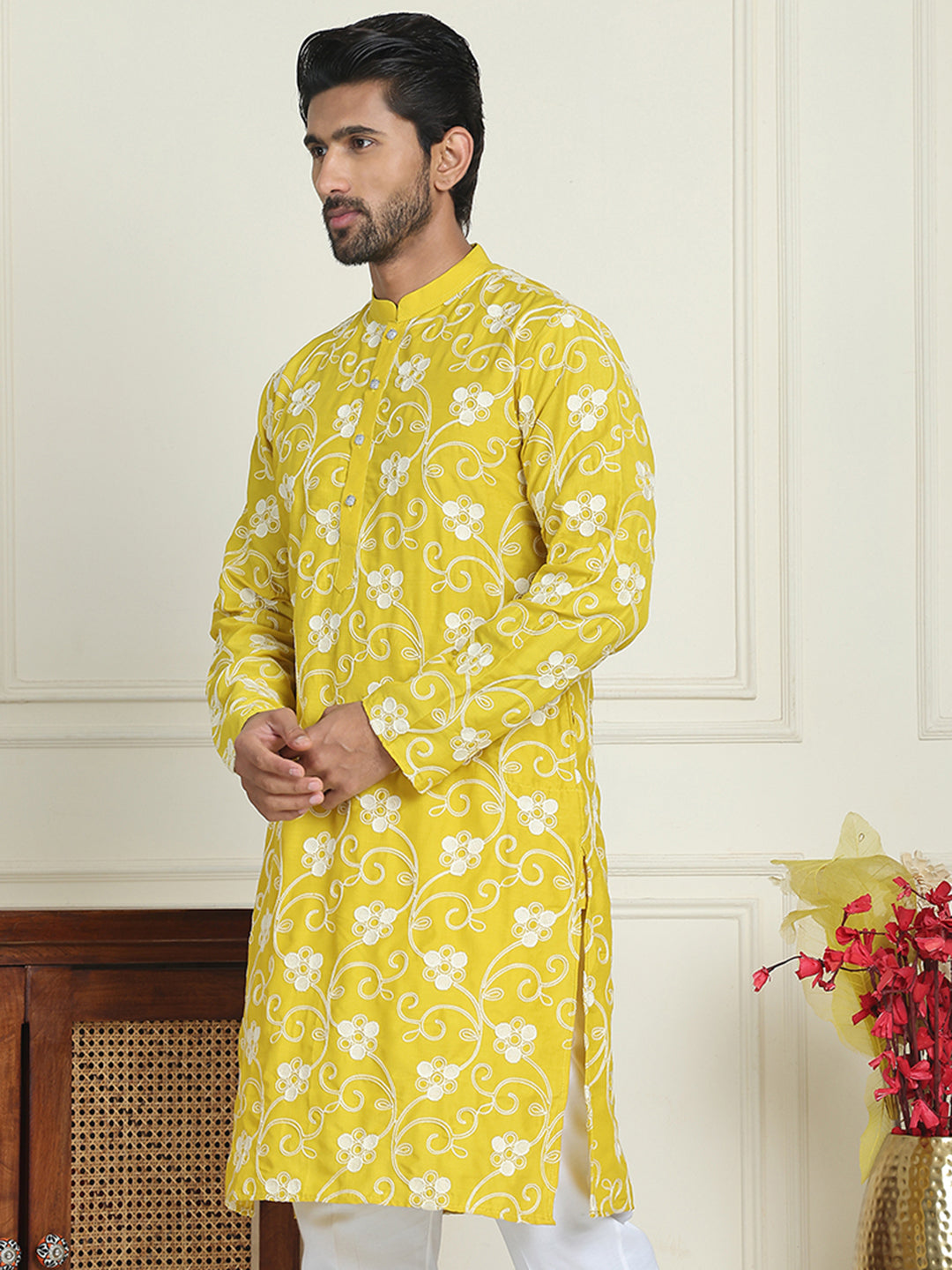Floral Embroidered Straight Kurtas For Men ( KO 5193 Yellow ) [FF] [I-1-4]