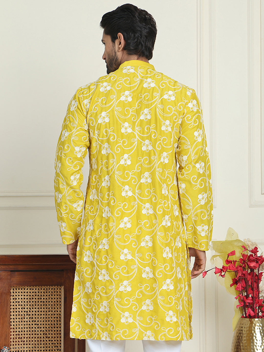 Floral Embroidered Straight Kurtas For Men ( KO 5193 Yellow ) [FF] [I-1-4]