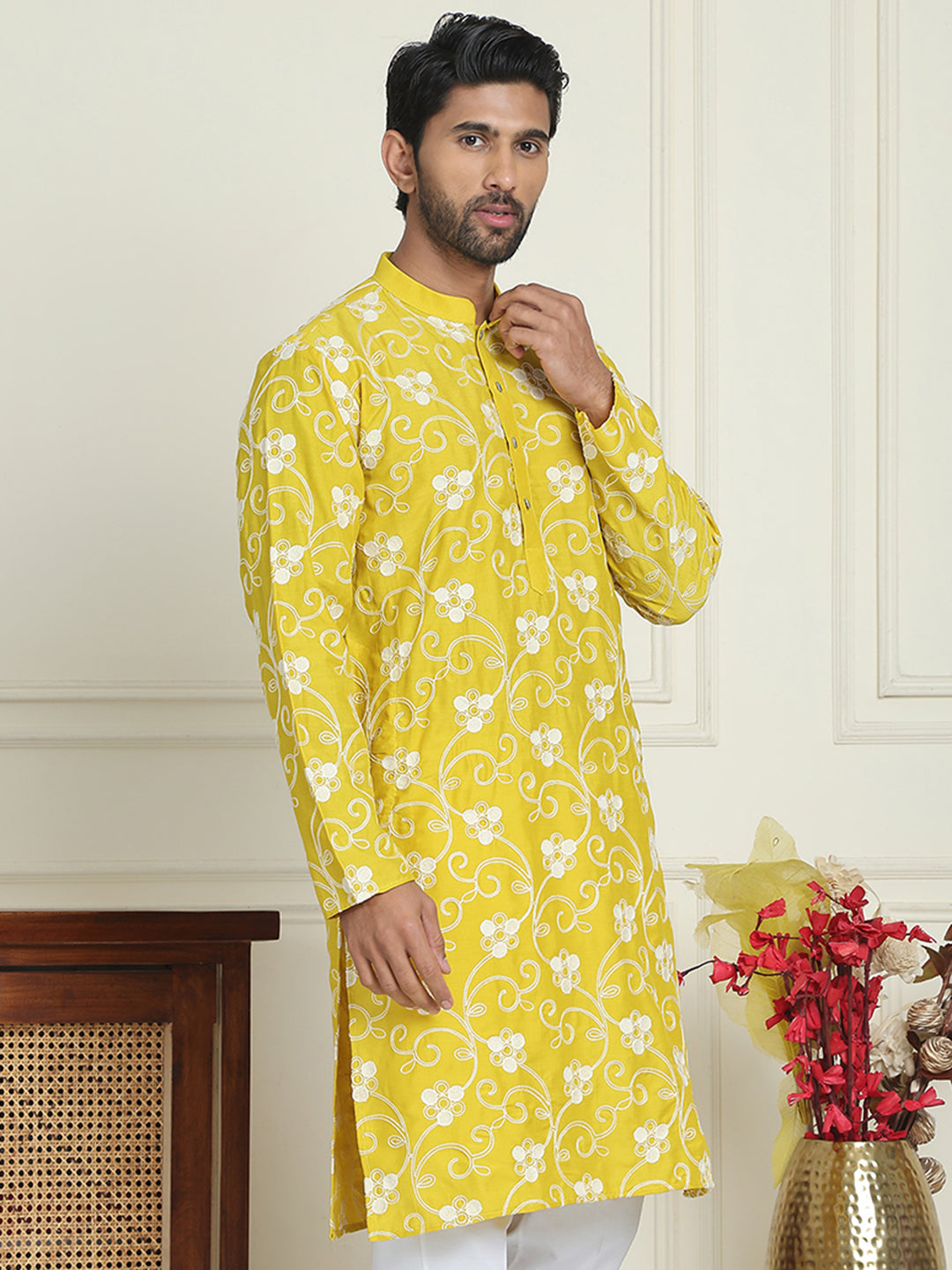 Floral Embroidered Straight Kurtas For Men ( KO 5193 Yellow ) [FF] [I-1-4]
