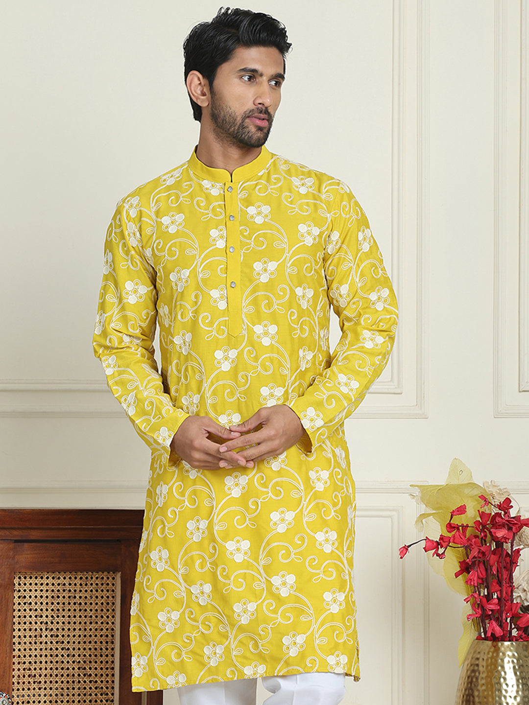 Floral Embroidered Straight Kurtas For Men ( KO 5193 Yellow ) [FF] [I-1-4]
