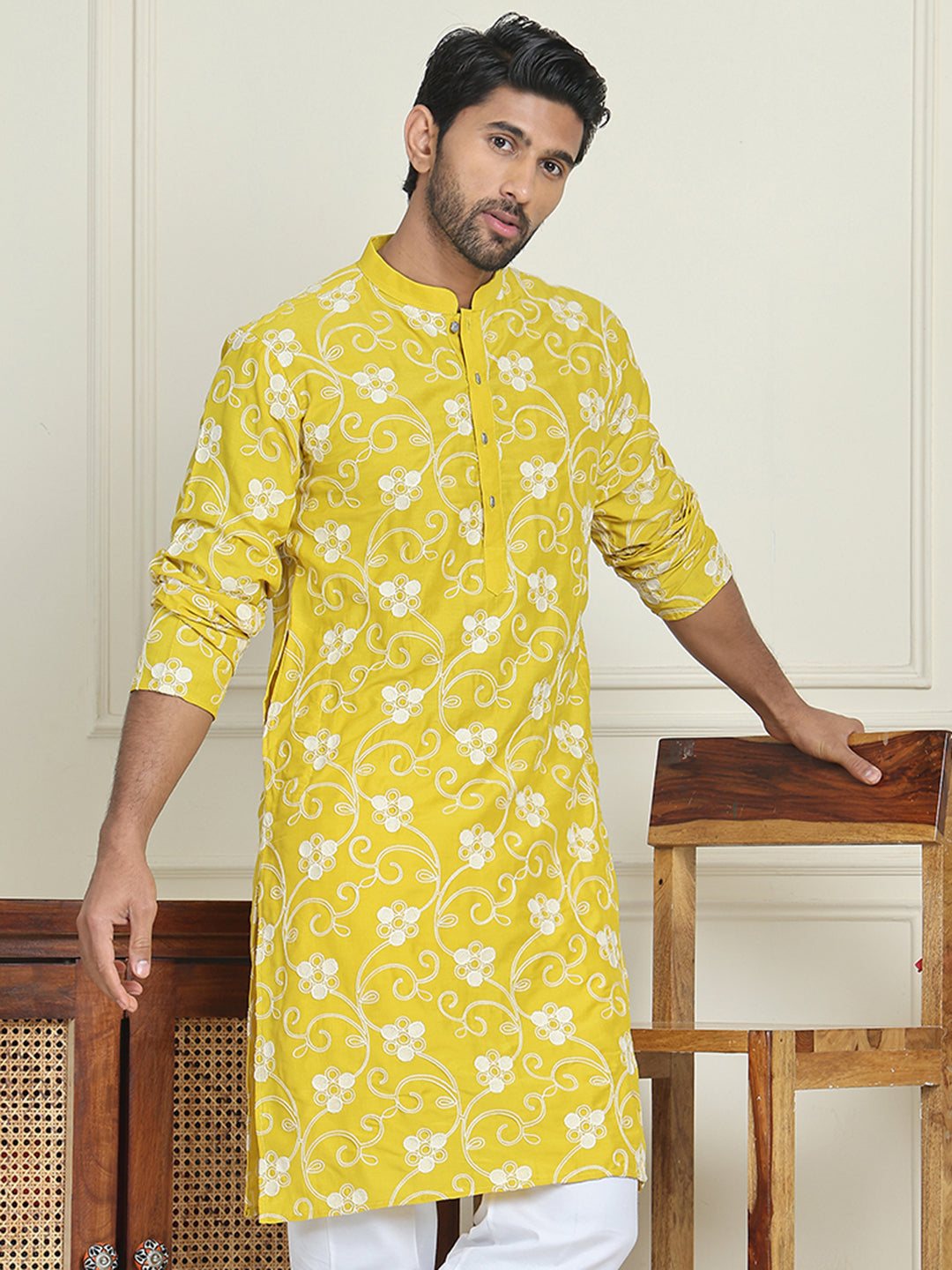 Floral Embroidered Straight Kurtas For Men ( KO 5193 Yellow ) [FF] [I-1-4]