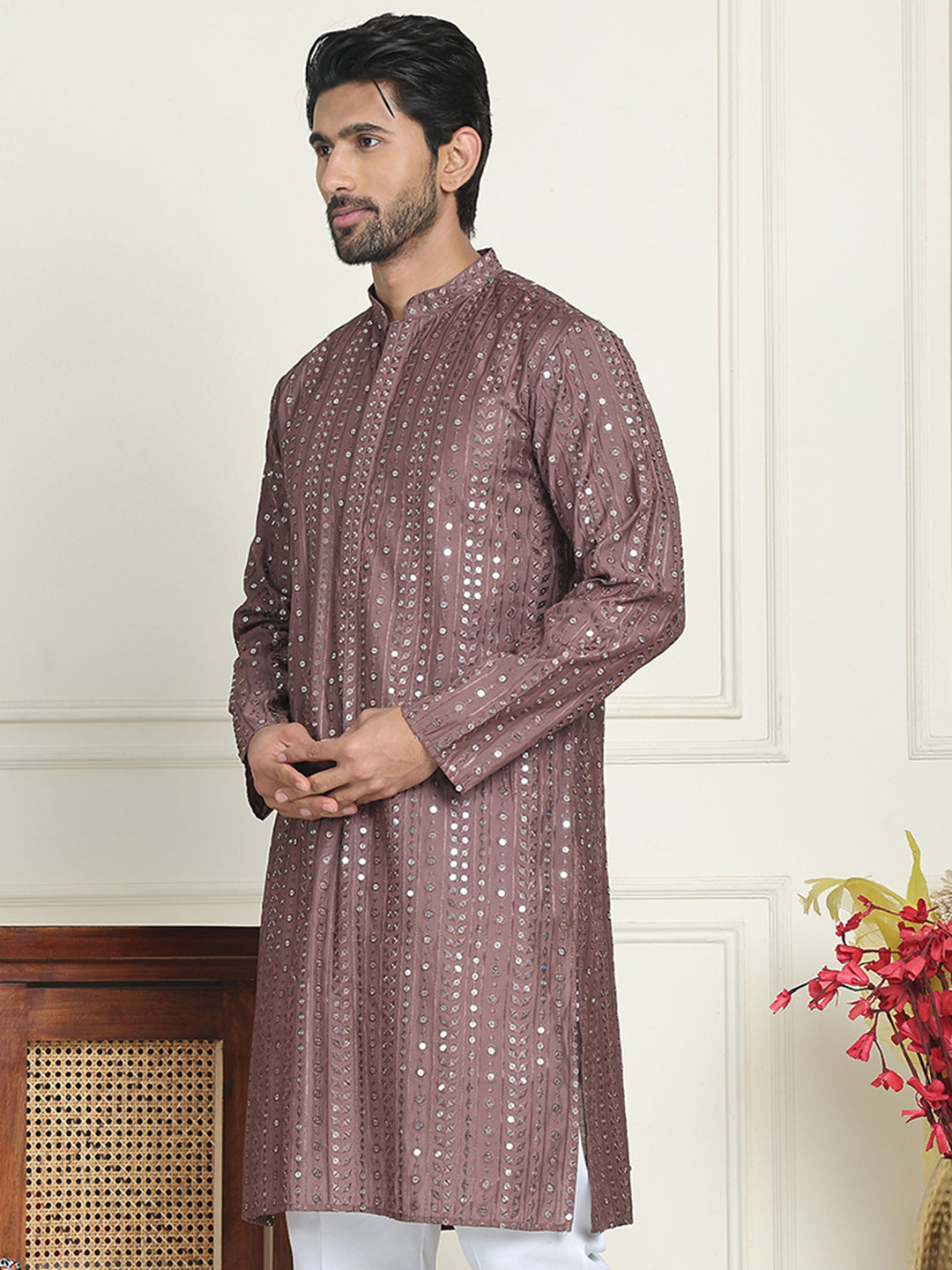 Embroidered and mirror work straight Kurtas For Men ( KO 5194 Coffee )