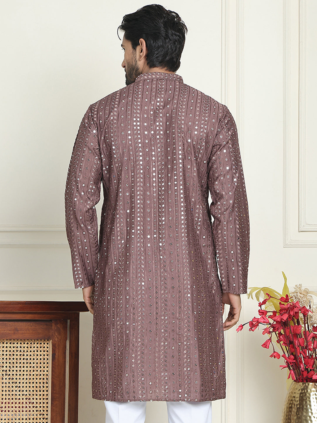 Embroidered and mirror work straight Kurtas For Men ( KO 5194 Coffee )