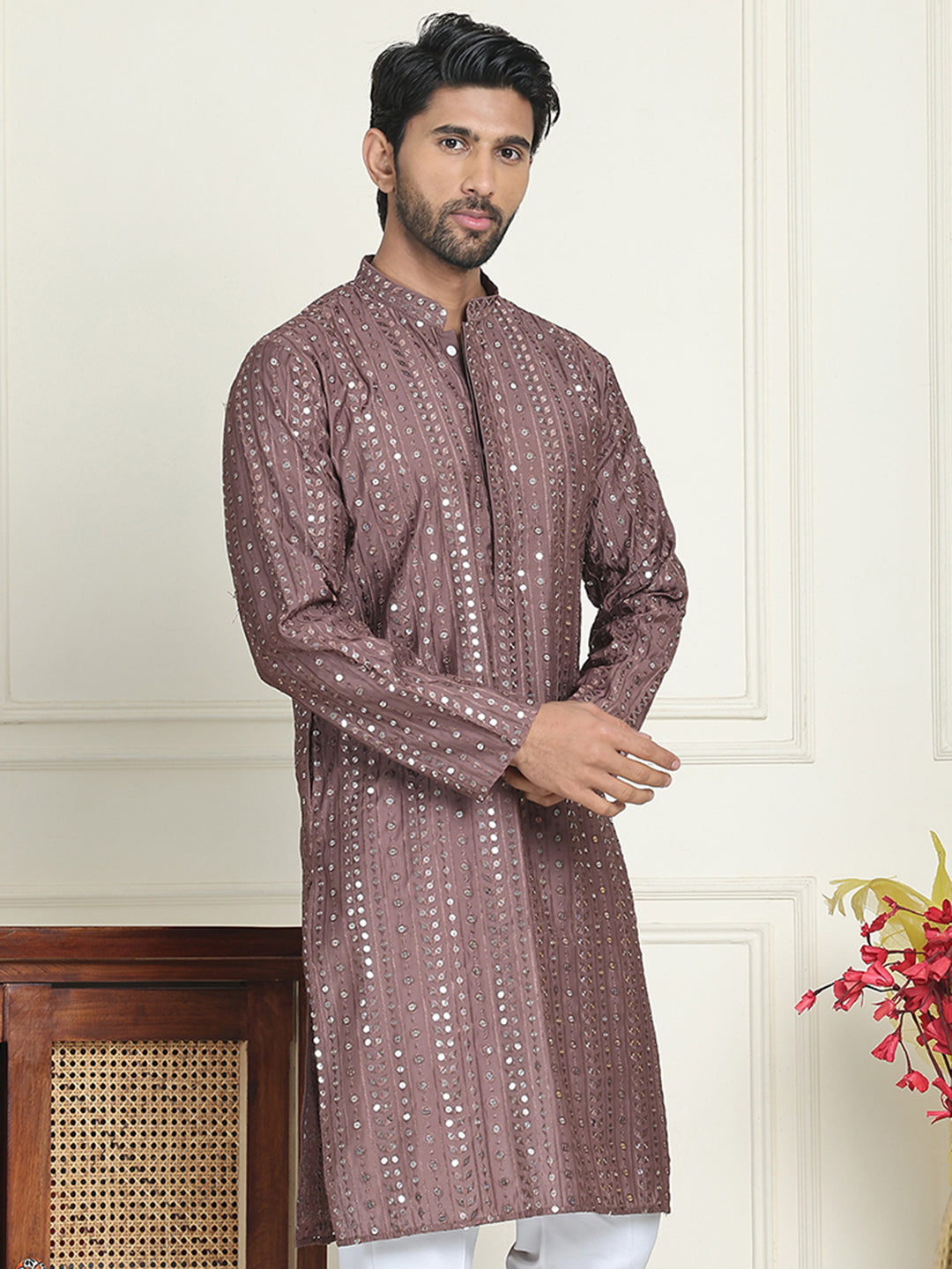Embroidered and mirror work straight Kurtas For Men ( KO 5194 Coffee )
