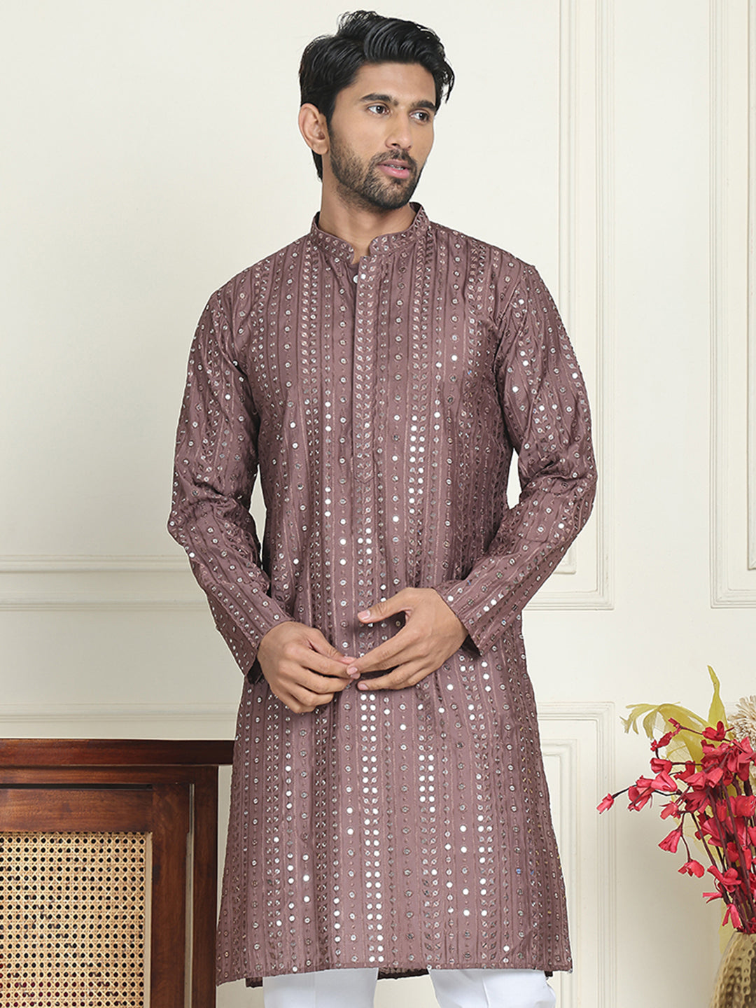 Embroidered and mirror work straight Kurtas For Men ( KO 5194 Coffee )
