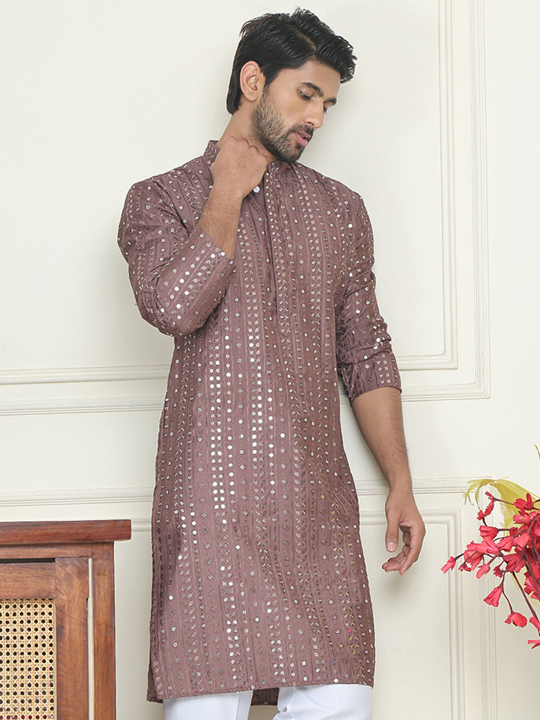 Embroidered and mirror work straight Kurtas For Men ( KO 5194 Coffee )
