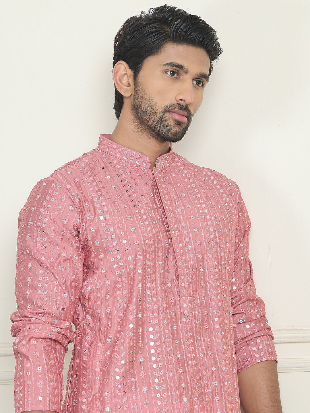 Embroidered and mirror work straight Kurtas For Men ( KO 5194 Coral )