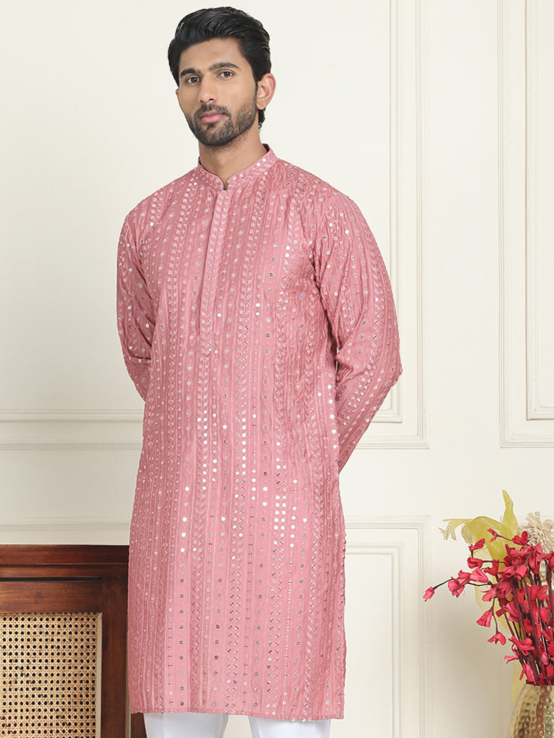 Embroidered and mirror work straight Kurtas For Men ( KO 5194 Coral )
