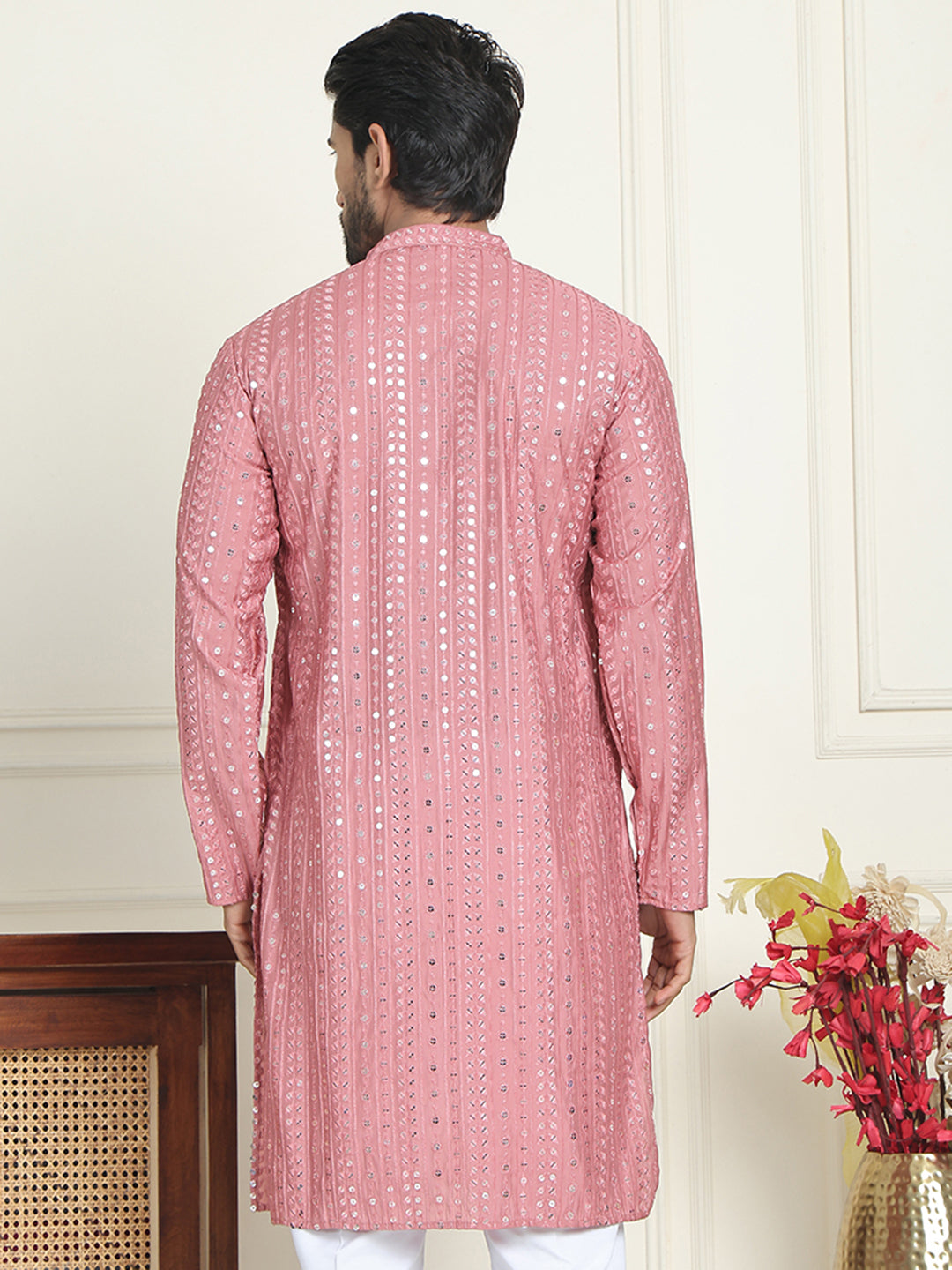 Embroidered and mirror work straight Kurtas For Men ( KO 5194 Coral )