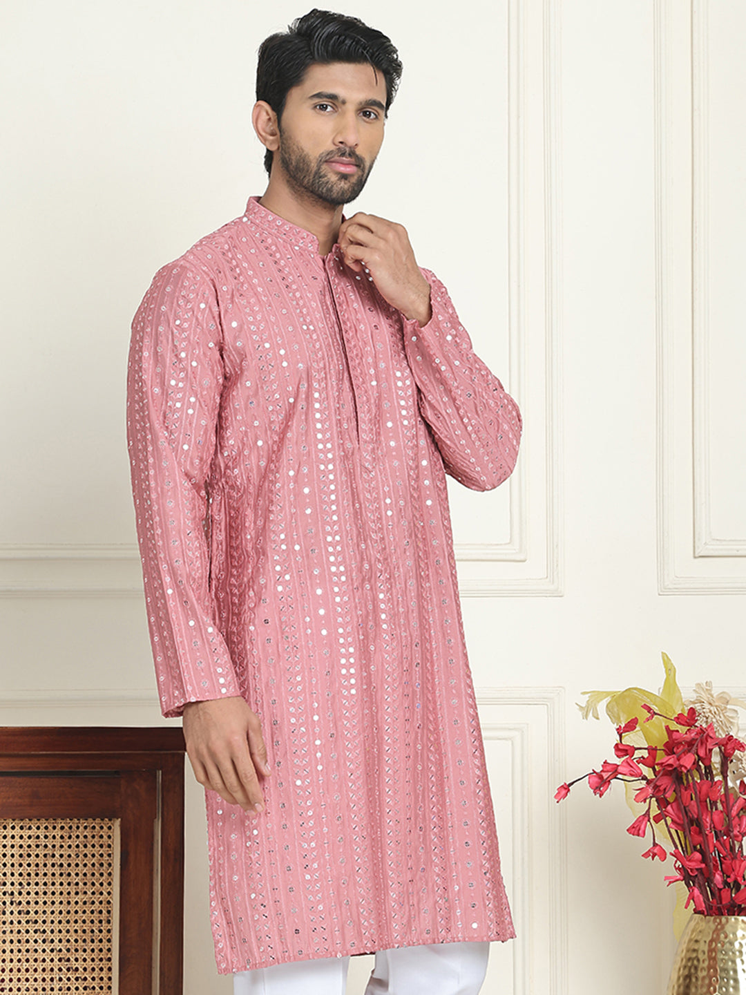 Embroidered and mirror work straight Kurtas For Men ( KO 5194 Coral )