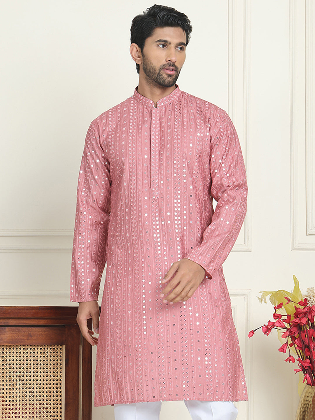 Embroidered and mirror work straight Kurtas For Men ( KO 5194 Coral )