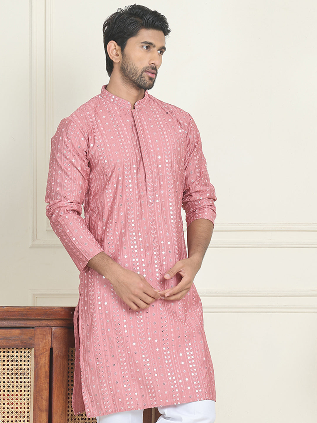 Embroidered and mirror work straight Kurtas For Men ( KO 5194 Coral )