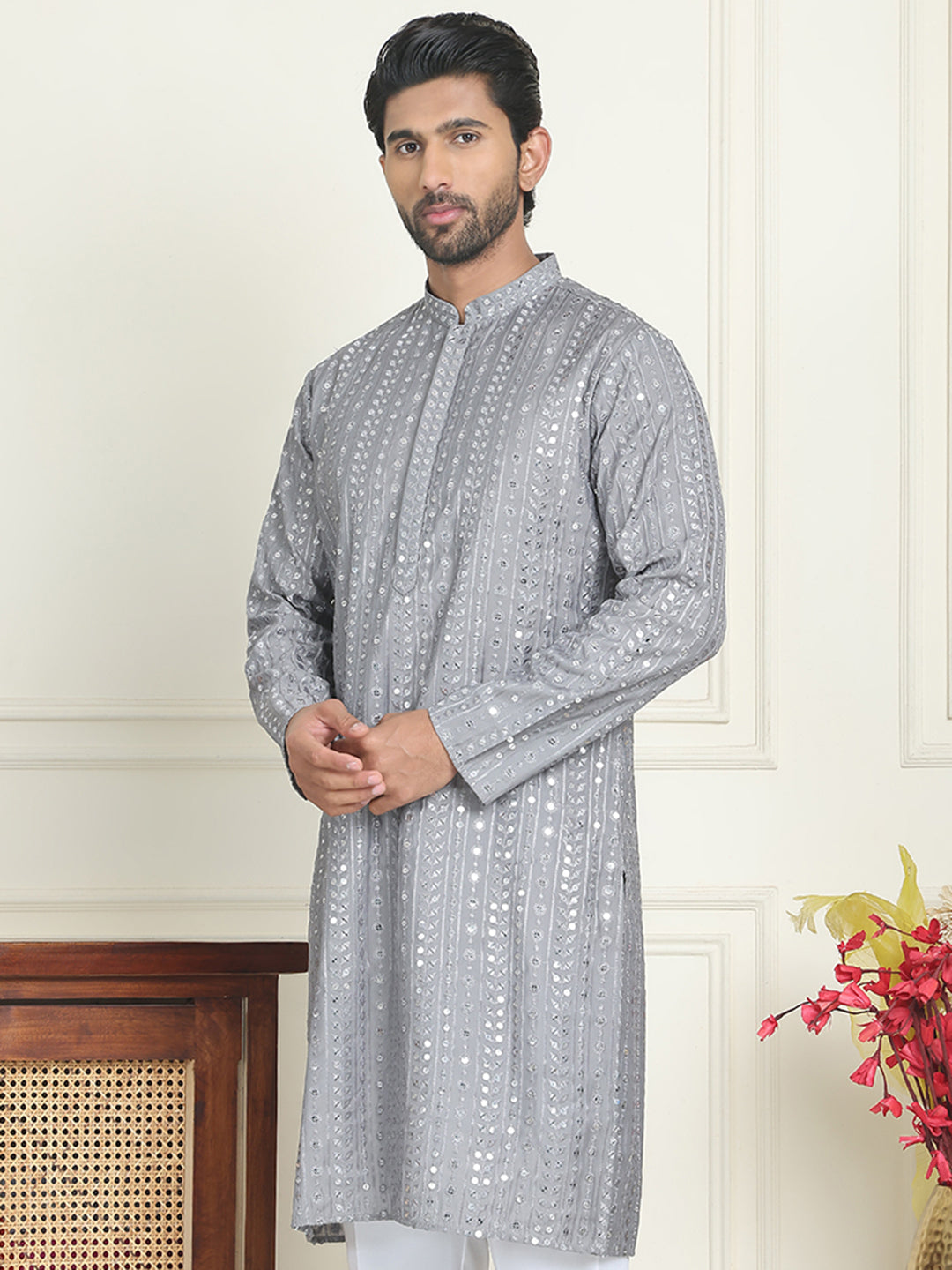 Embroidered and mirror work straight Kurtas For Men ( KO 5194 Grey )
