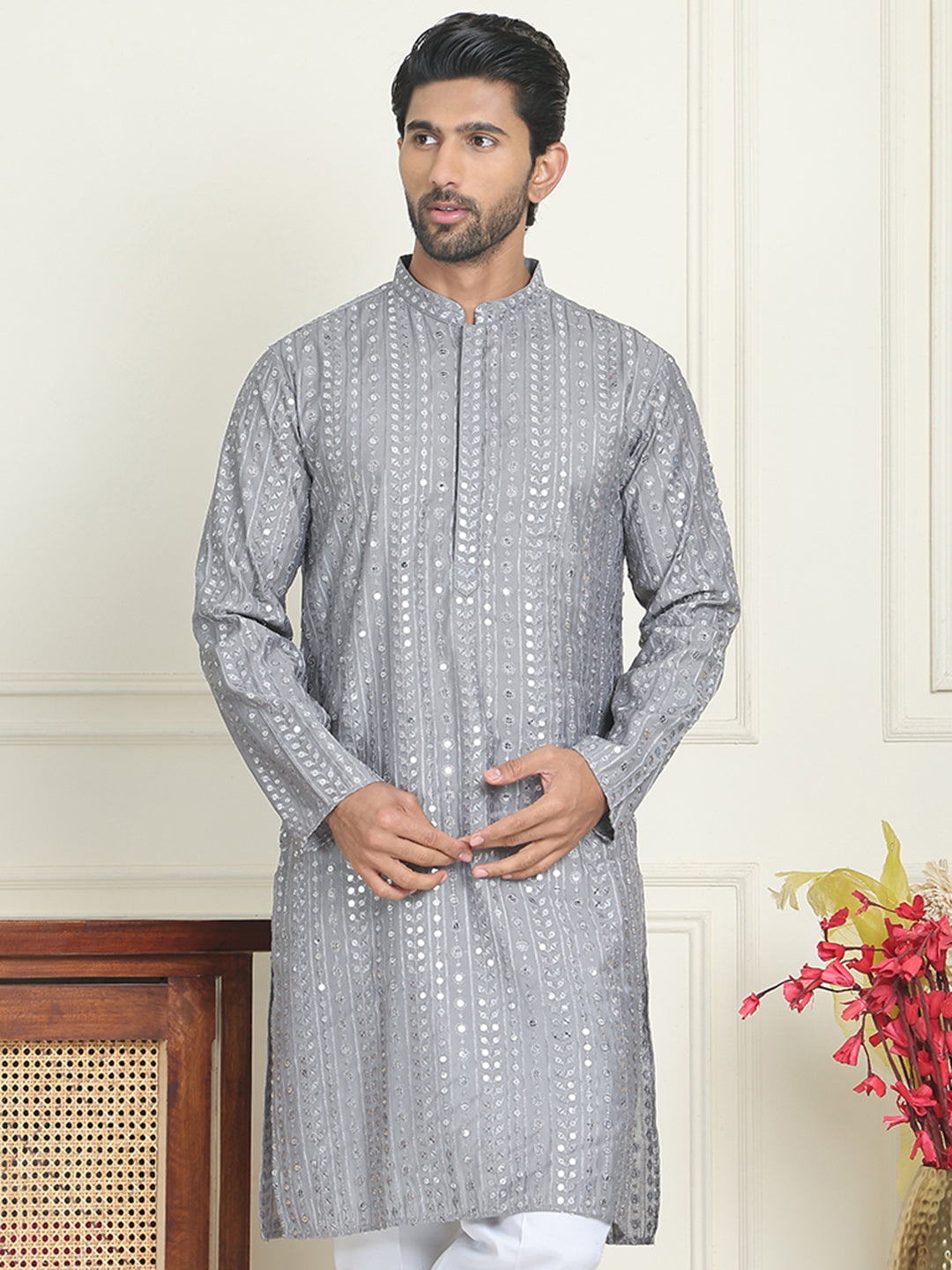 Embroidered and mirror work straight Kurtas For Men ( KO 5194 Grey )