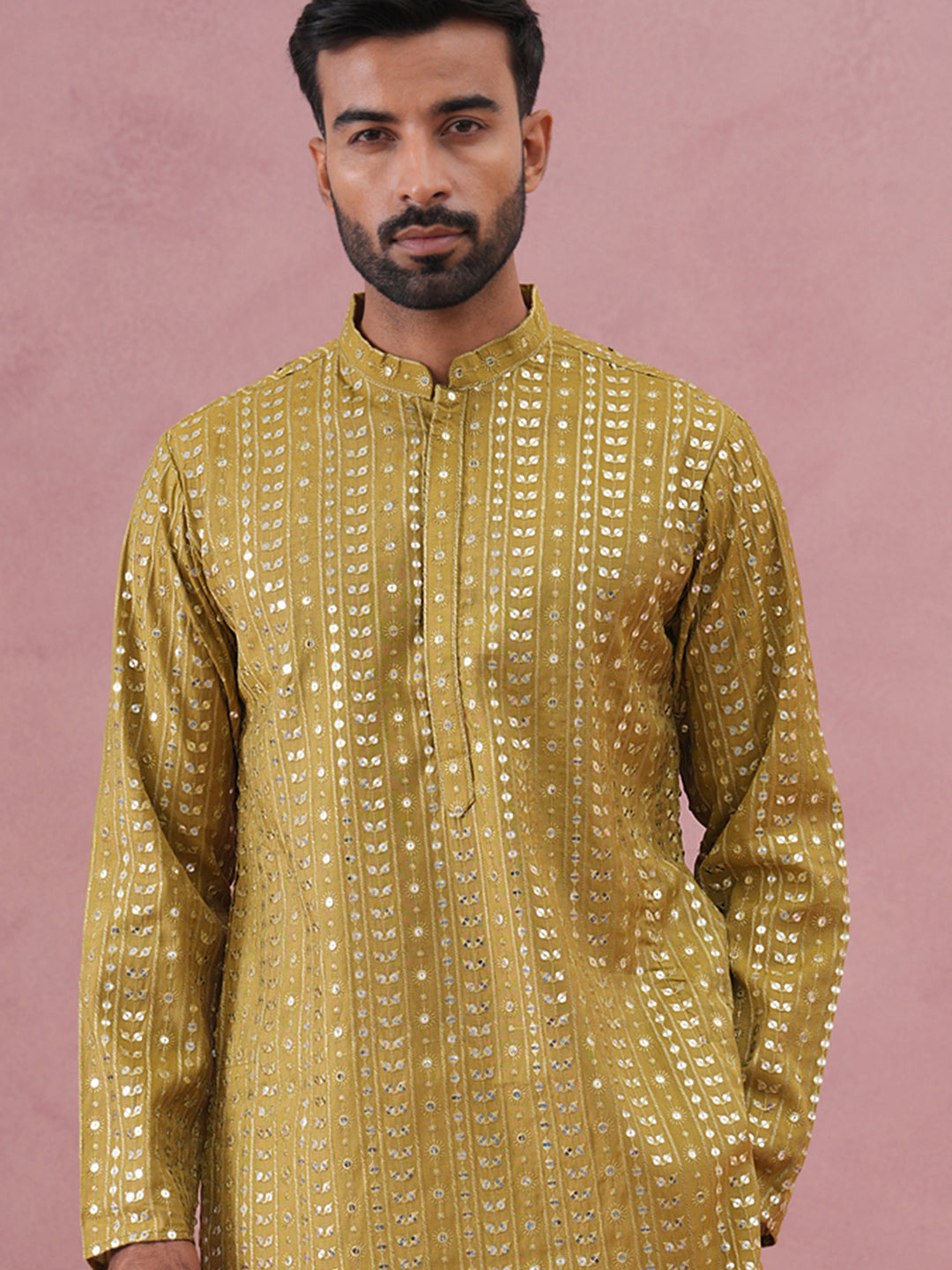 Embroidered and mirror work straight Kurta For Men ( KO 5194 Mehndi ) [FF] [N-9]