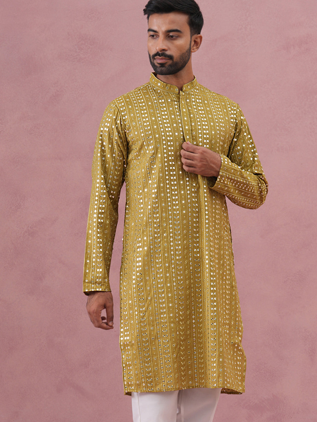 Embroidered and mirror work straight Kurta For Men ( KO 5194 Mehndi ) [FF] [N-9]