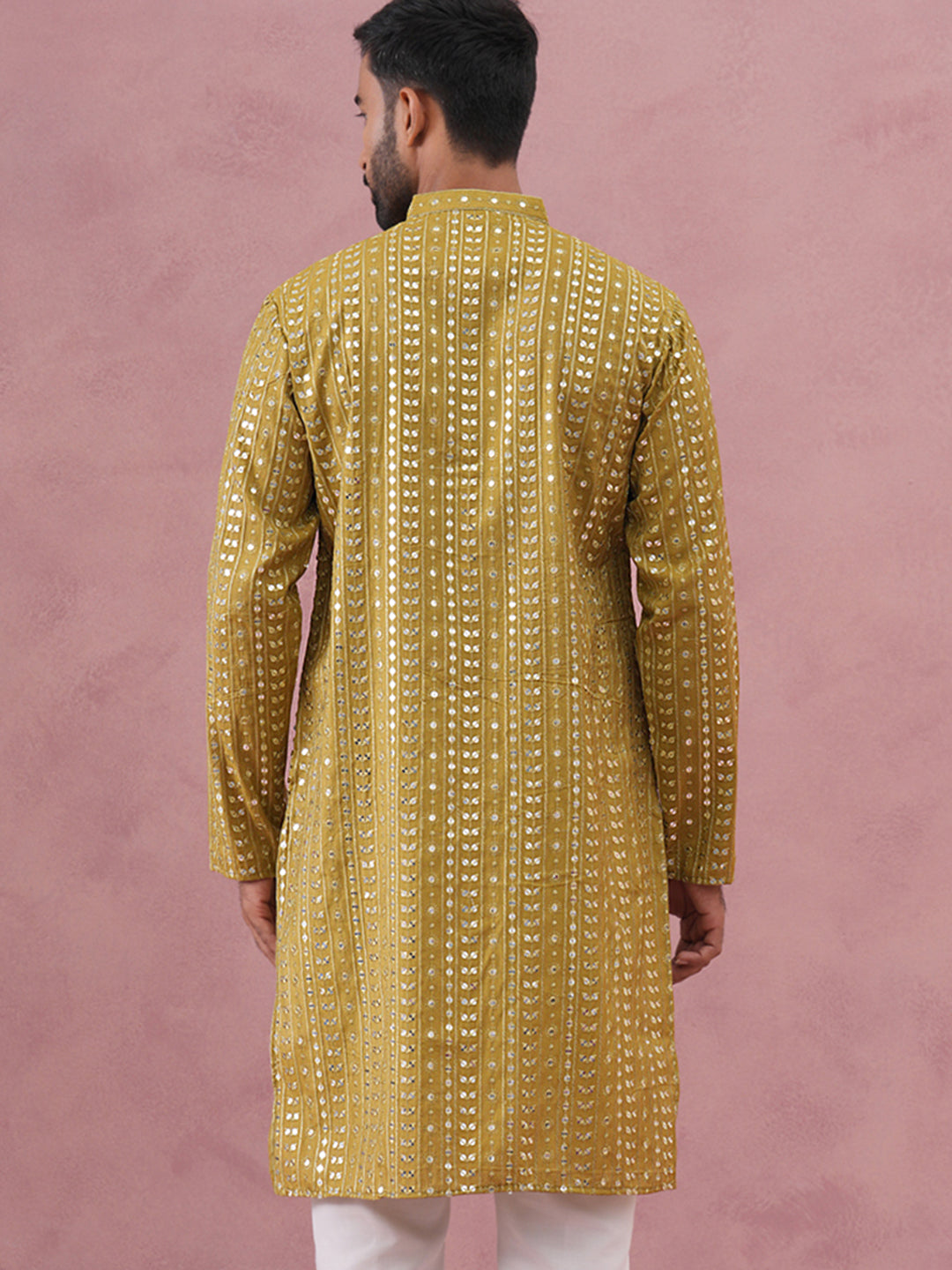Embroidered and mirror work straight Kurta For Men ( KO 5194 Mehndi ) [FF] [N-9]