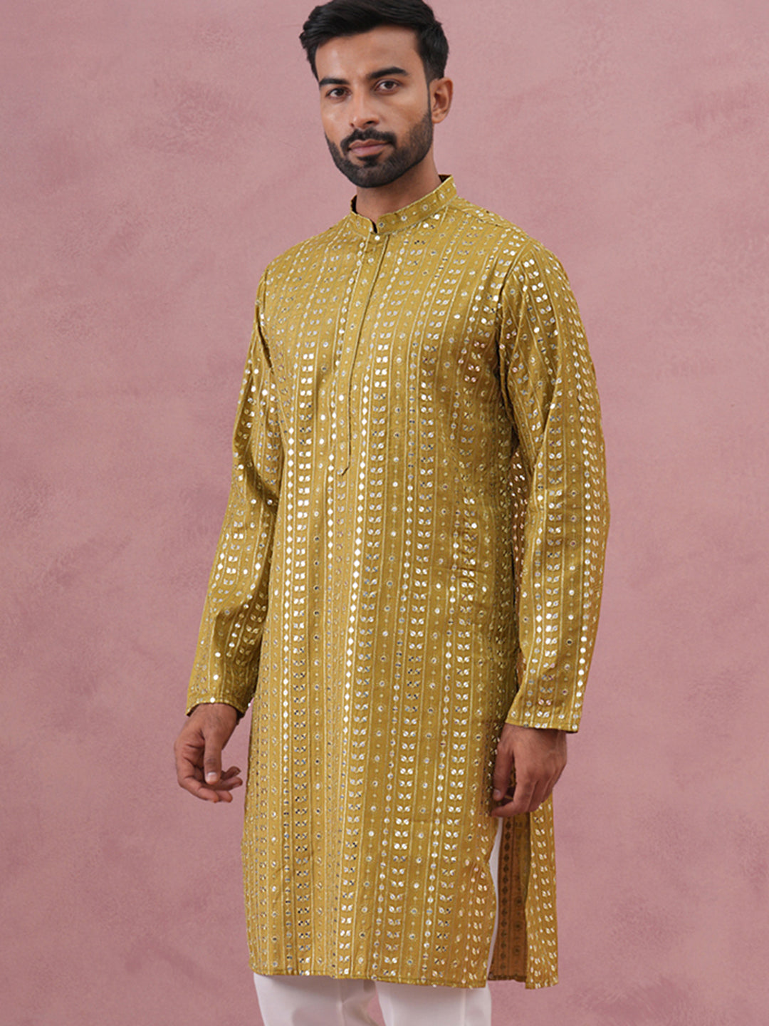 Embroidered and mirror work straight Kurta For Men ( KO 5194 Mehndi ) [FF] [N-9]