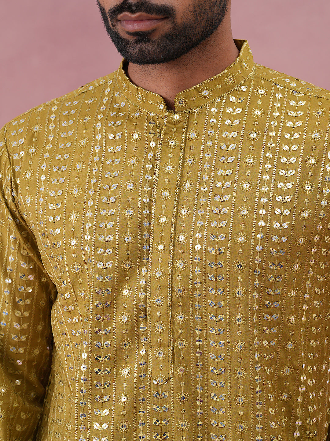 Embroidered and mirror work straight Kurta For Men ( KO 5194 Mehndi ) [FF] [N-9]