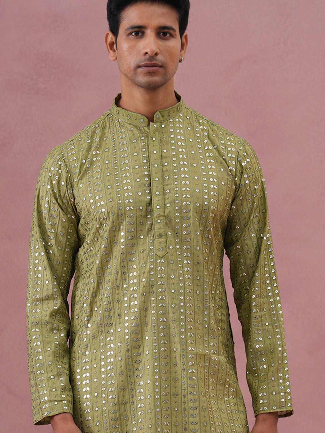 Embroidered and mirror work straight Kurta For Men ( KO 5194 Olive ) [FF] [N-9]