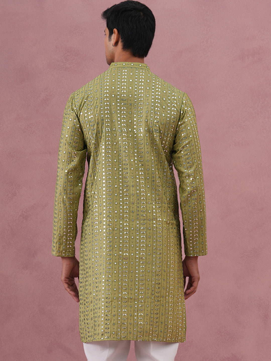 Embroidered and mirror work straight Kurta For Men ( KO 5194 Olive ) [FF] [N-9]