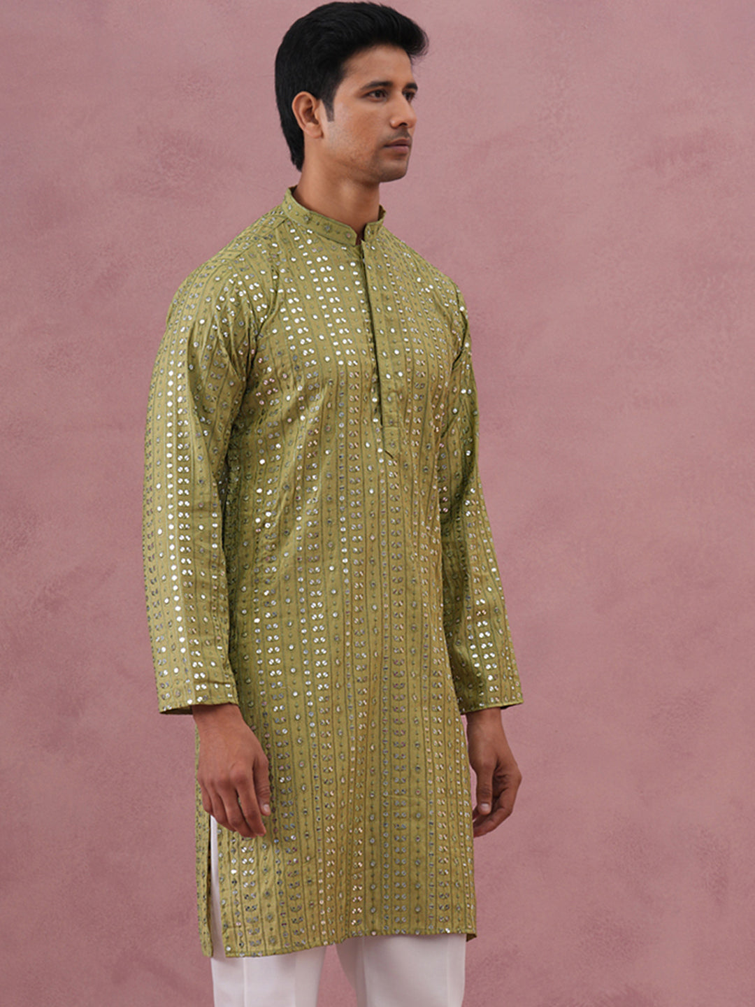 Embroidered and mirror work straight Kurta For Men ( KO 5194 Olive ) [FF] [N-9]