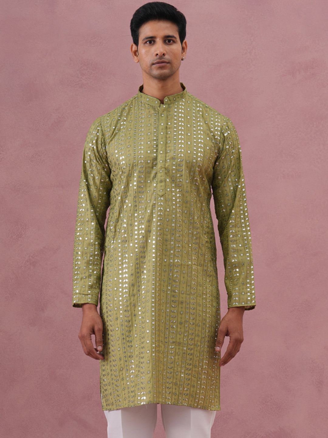 Embroidered and mirror work straight Kurta For Men ( KO 5194 Olive ) [FF] [N-9]