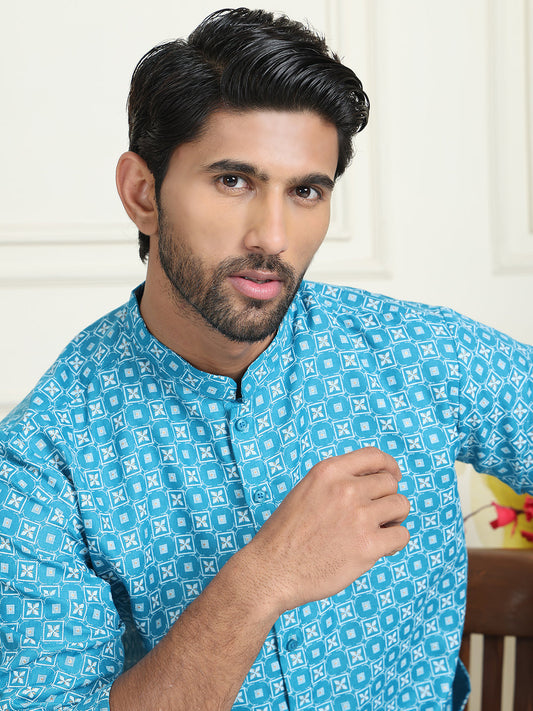 Men's Geometric Printed Kurtas. ( KO 5198 Blue )