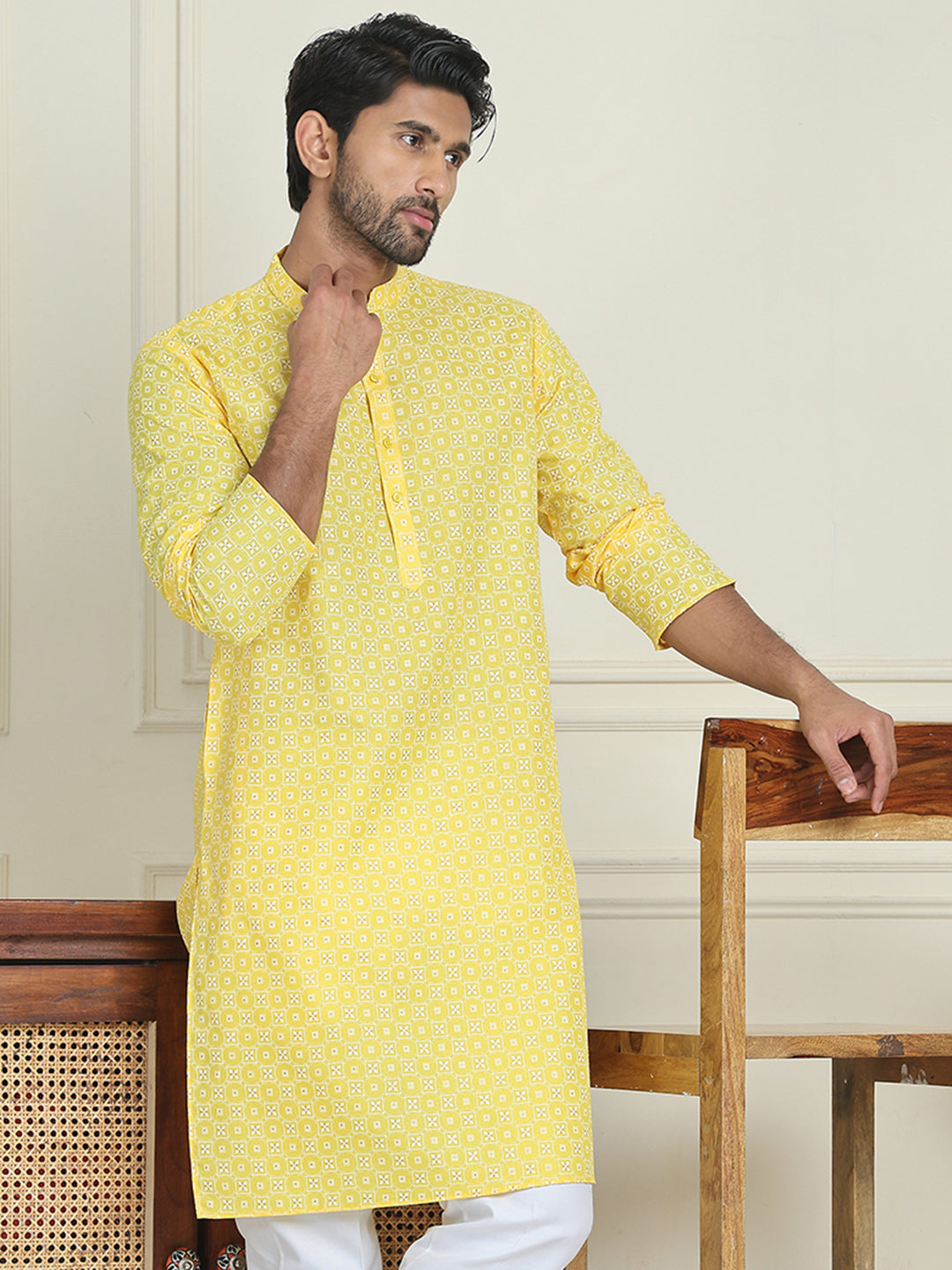 Men's Geometric Printed Kurtas. ( KO 5198 Lemon )