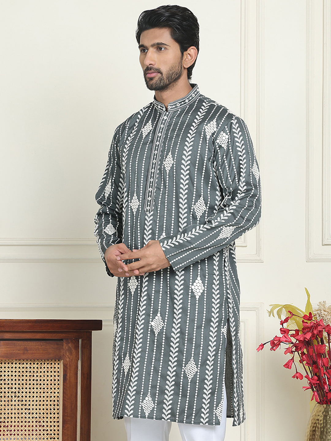 Embroidery and mirror work straight Kurtas. ( KO 5199 Grey )