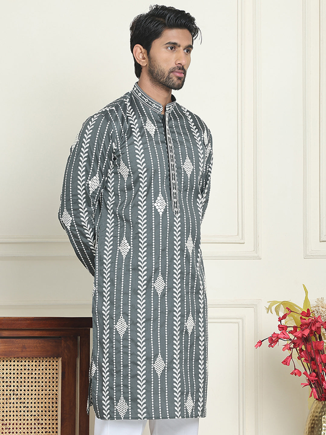 Embroidery and mirror work straight Kurtas. ( KO 5199 Grey )