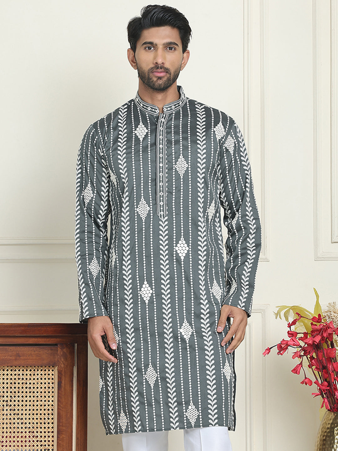 Embroidery and mirror work straight Kurtas. ( KO 5199 Grey )