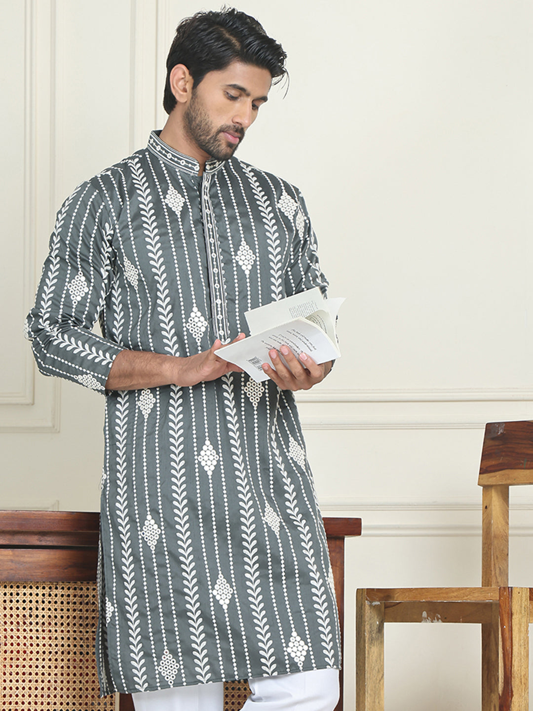 Embroidery and mirror work straight Kurtas. ( KO 5199 Grey )