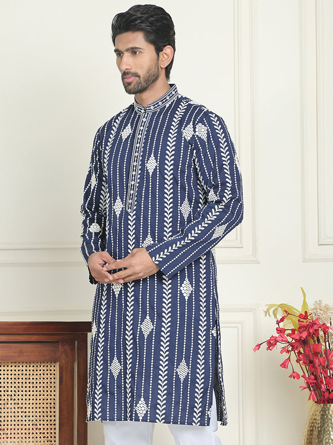 Embroidery and mirror work straight Kurtas. ( KO 5199 Navy )
