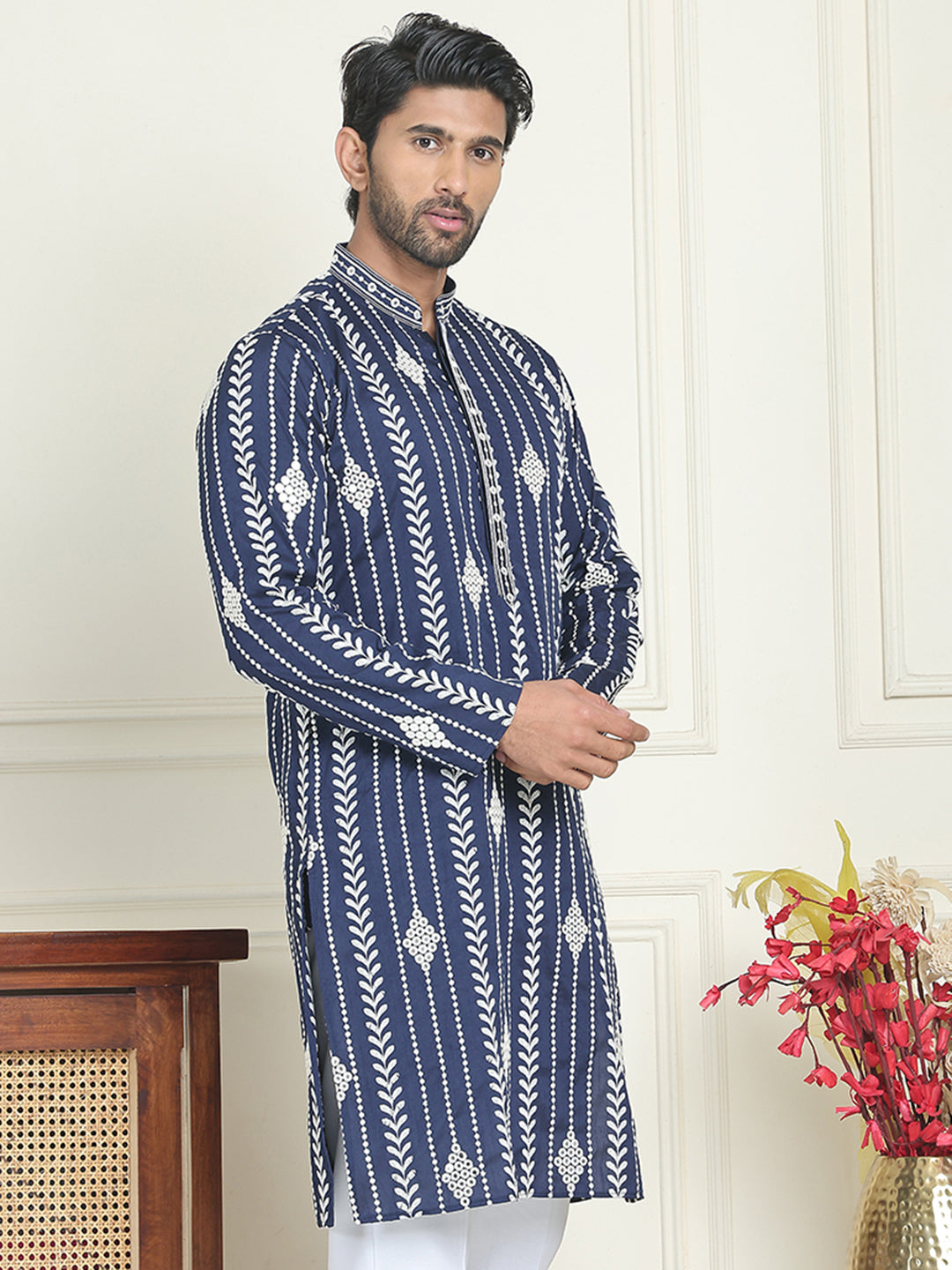 Embroidery and mirror work straight Kurtas. ( KO 5199 Navy )