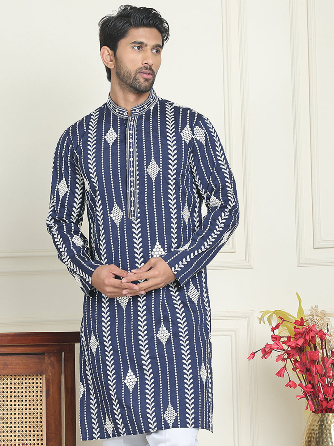 Embroidery and mirror work straight Kurtas. ( KO 5199 Navy )