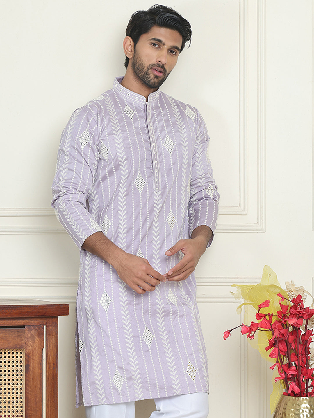 Embroidery and mirror work straight Kurtas. ( KO 5199 lavender )