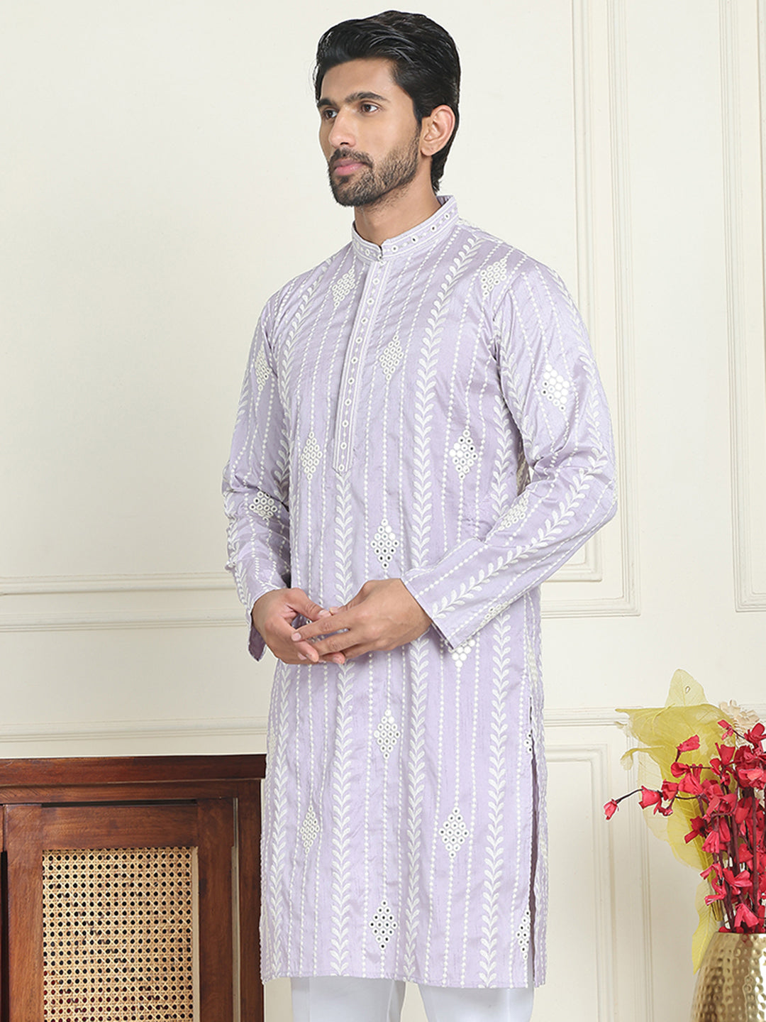 Embroidery and mirror work straight Kurtas. ( KO 5199 lavender )