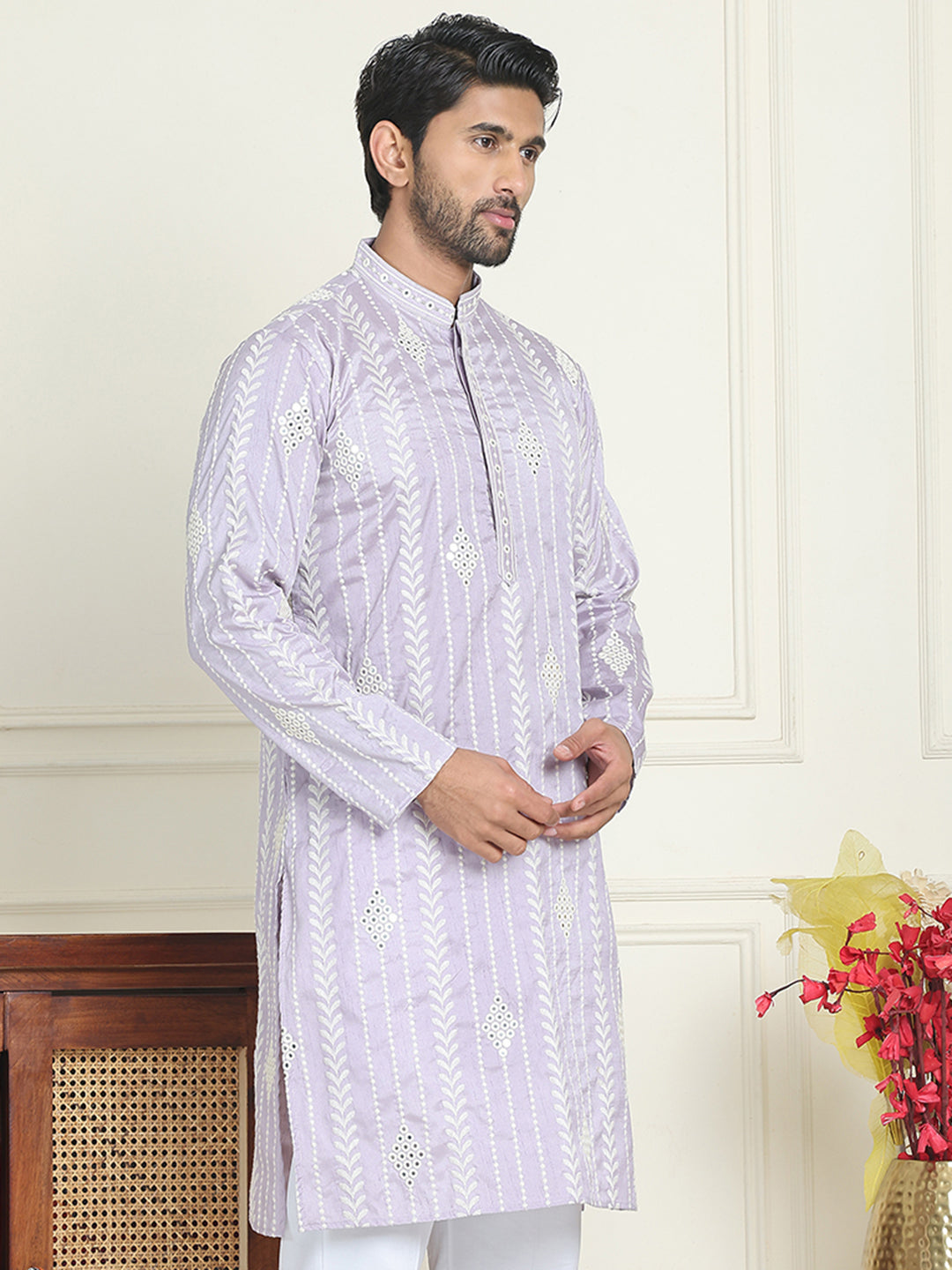 Embroidery and mirror work straight Kurtas. ( KO 5199 lavender )