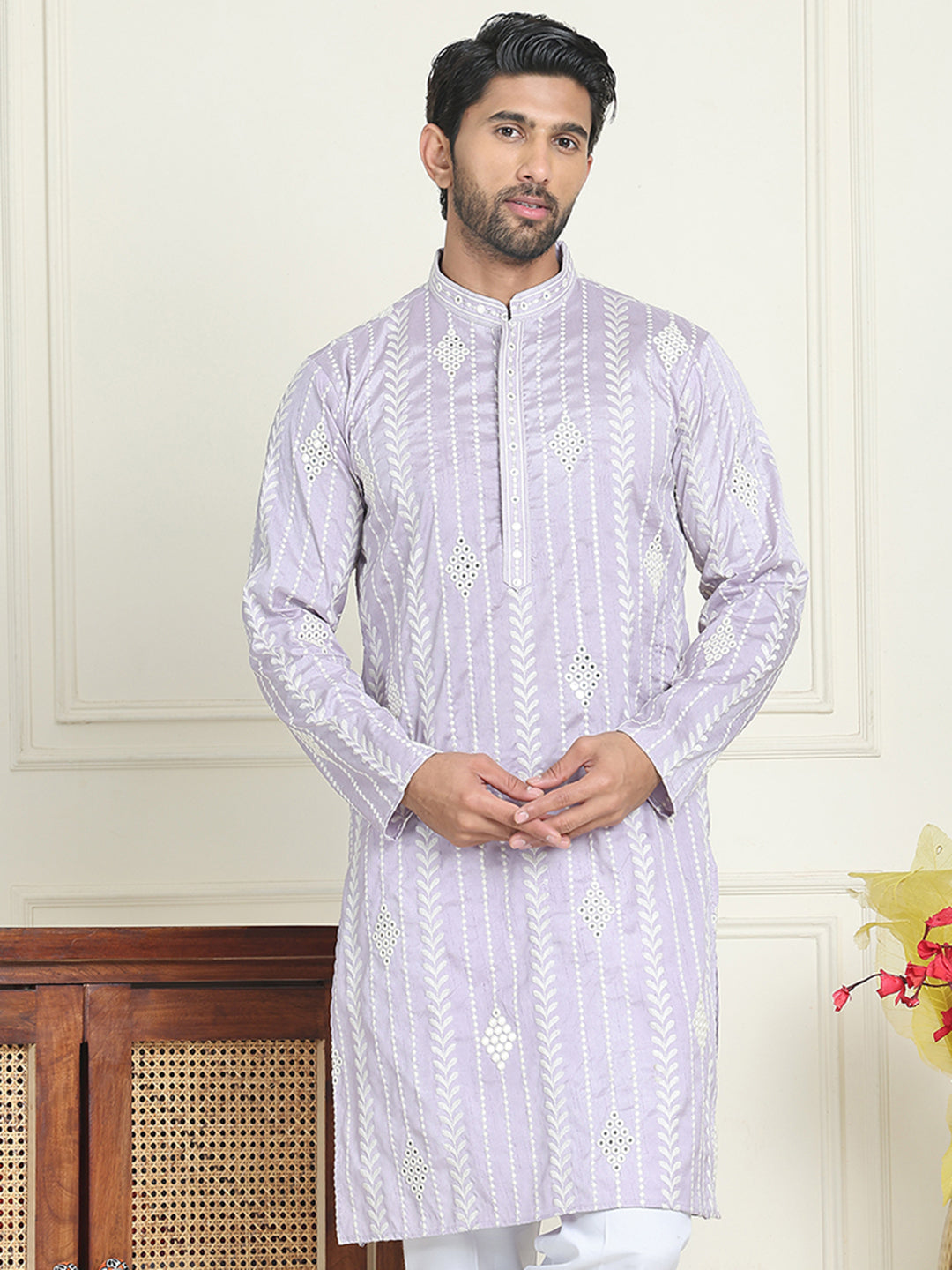 Embroidery and mirror work straight Kurtas. ( KO 5199 lavender )