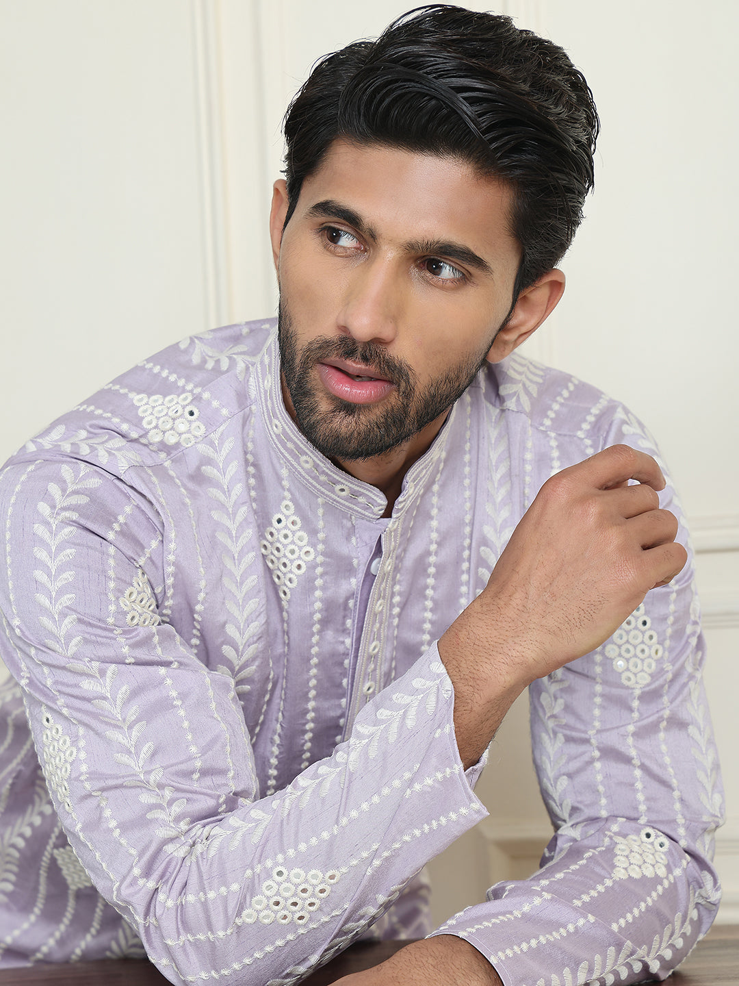 Embroidery and mirror work straight Kurtas. ( KO 5199 lavender )