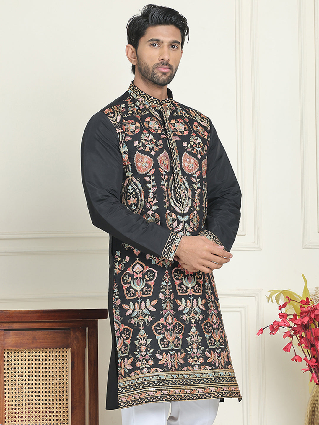 Floral Embroidered Straight Kurtas For Men ( KO 5200 Black )