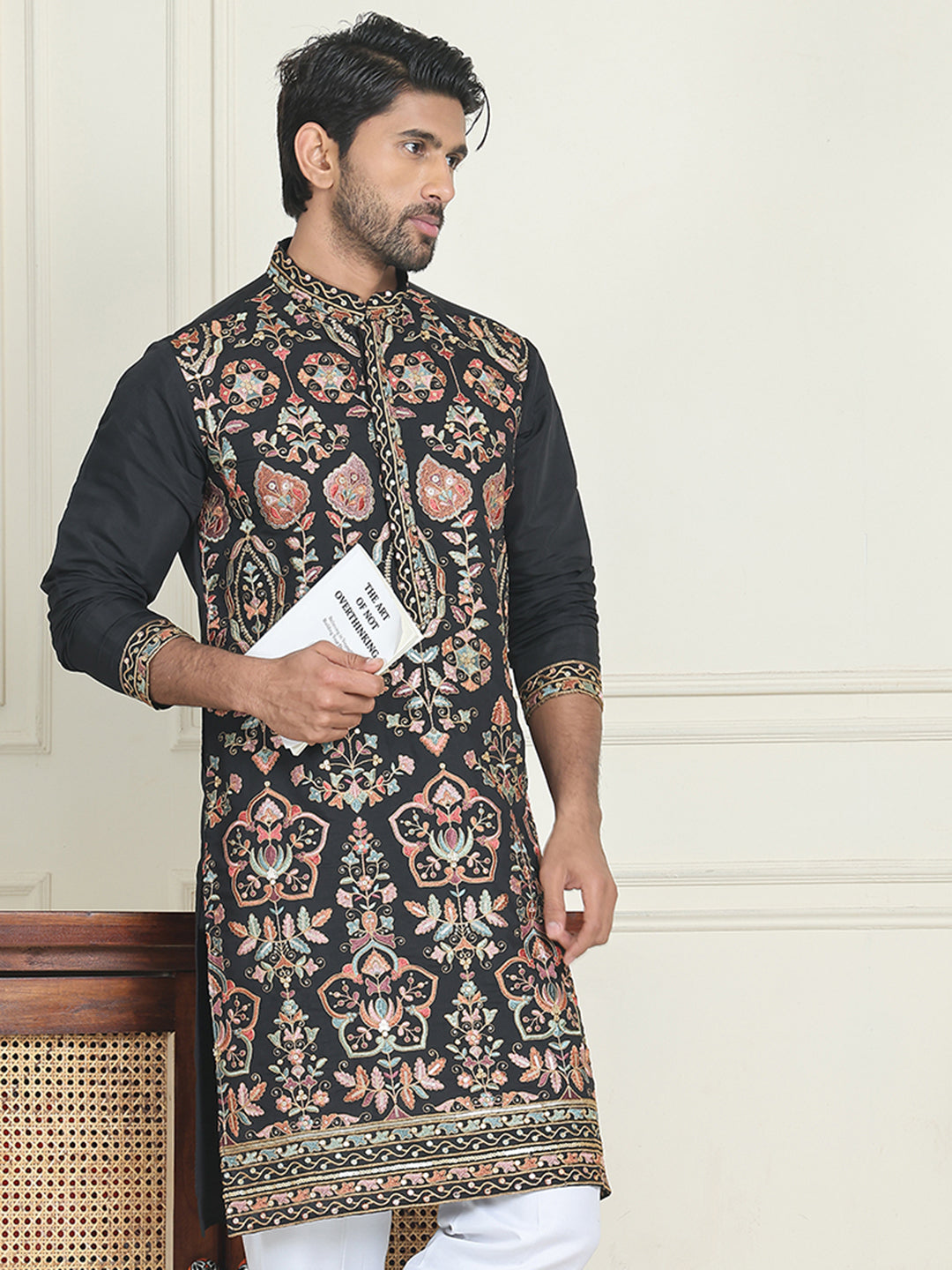 Floral Embroidered Straight Kurtas For Men ( KO 5200 Black )