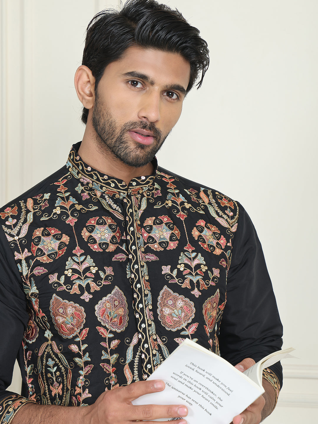 Floral Embroidered Straight Kurtas For Men ( KO 5200 Black )