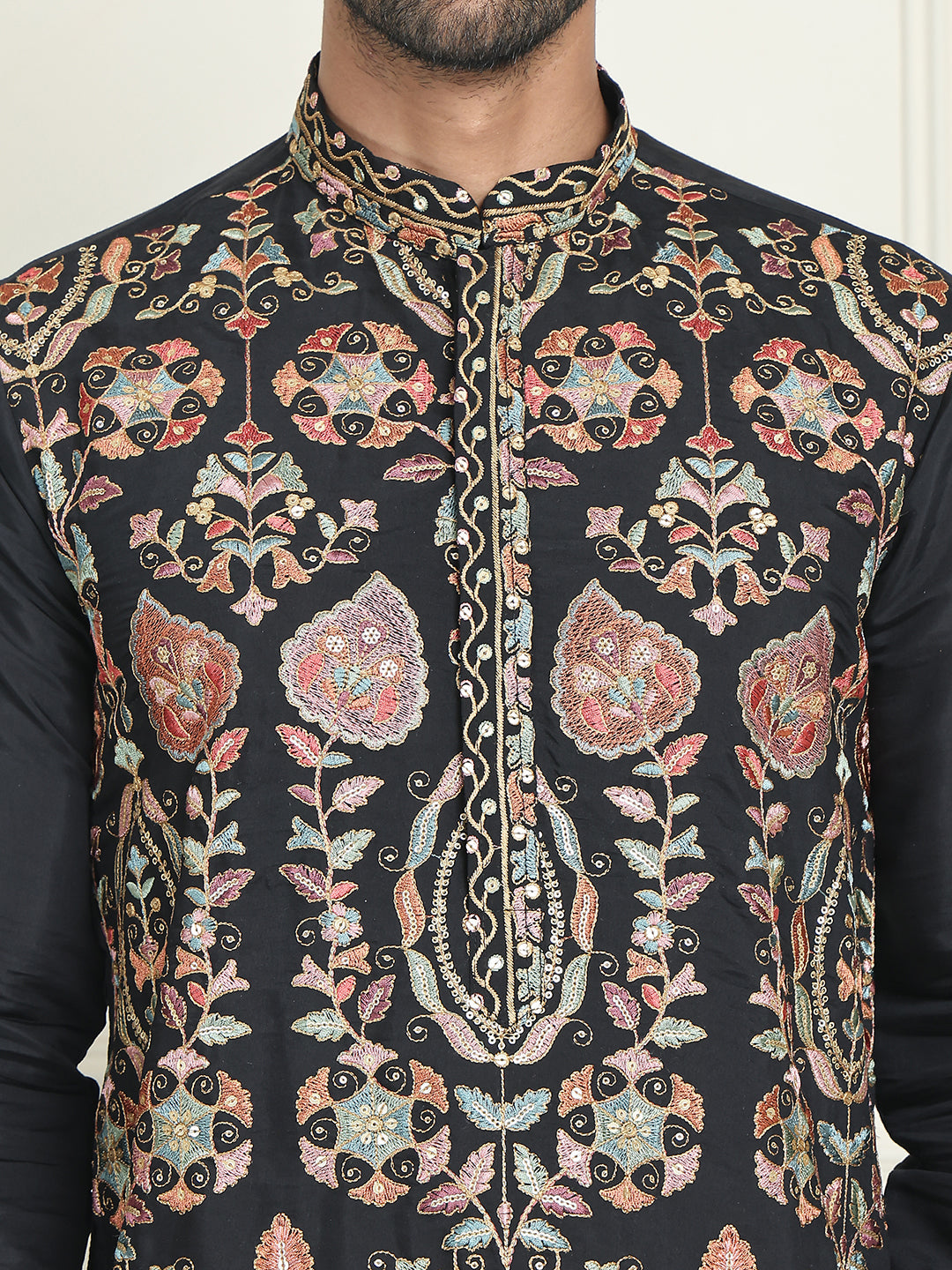 Floral Embroidered Straight Kurtas For Men ( KO 5200 Black )
