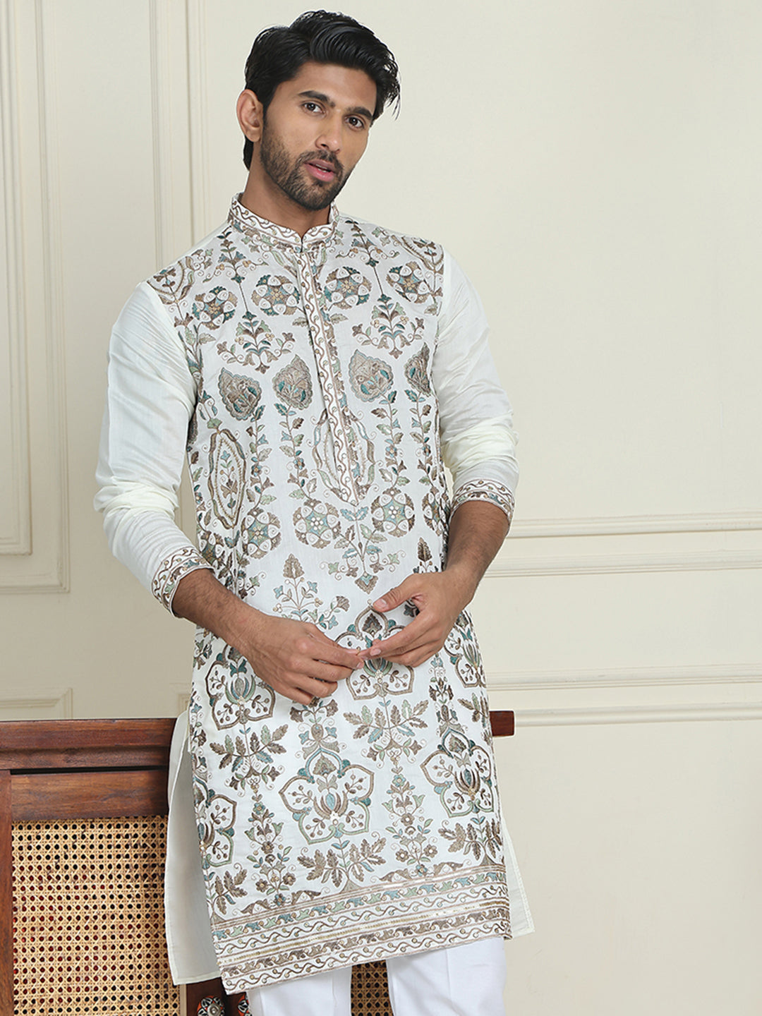 Floral Embroidered Straight Kurtas For Men ( KO 5200 White )