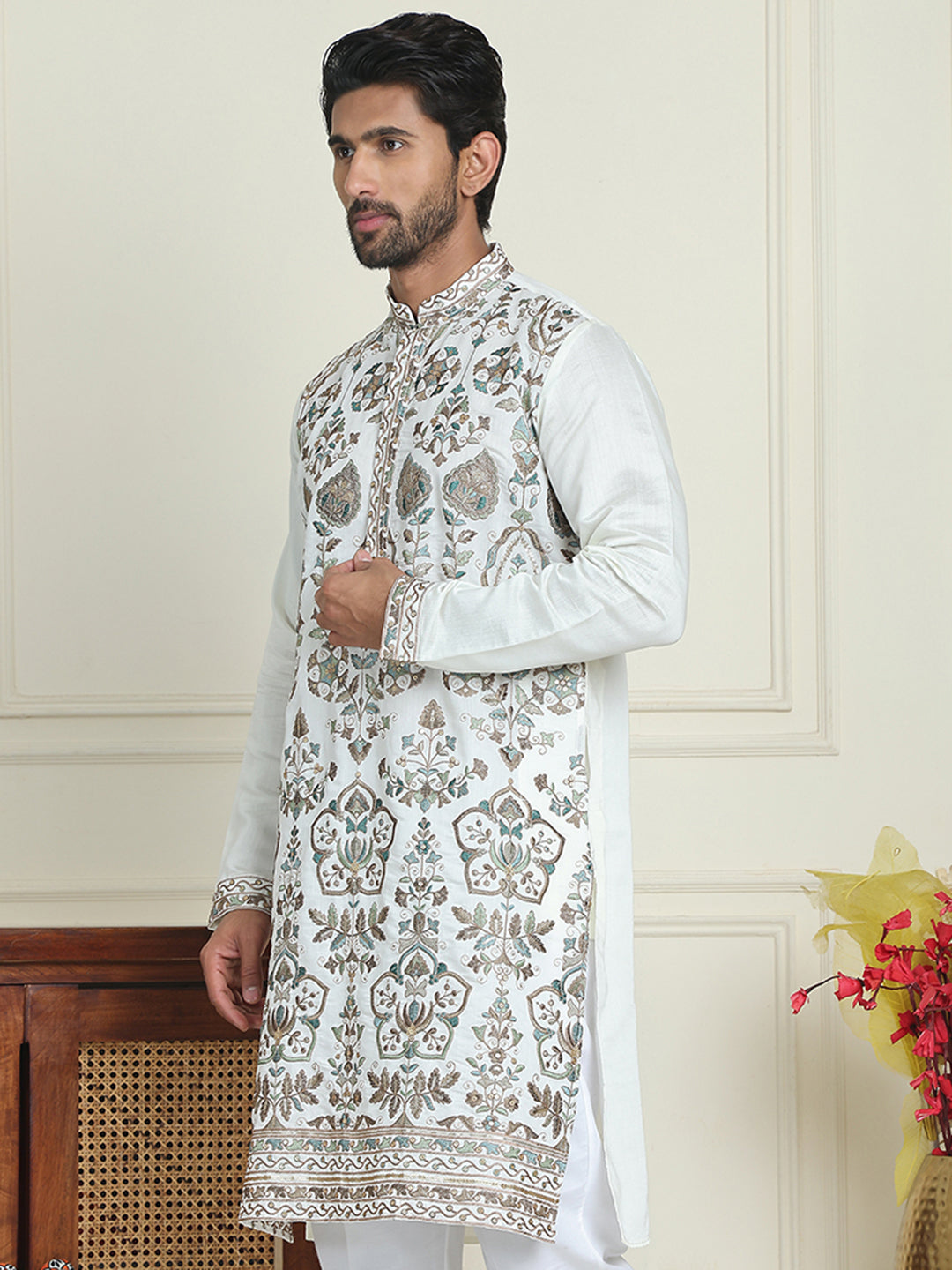 Floral Embroidered Straight Kurtas For Men ( KO 5200 White )