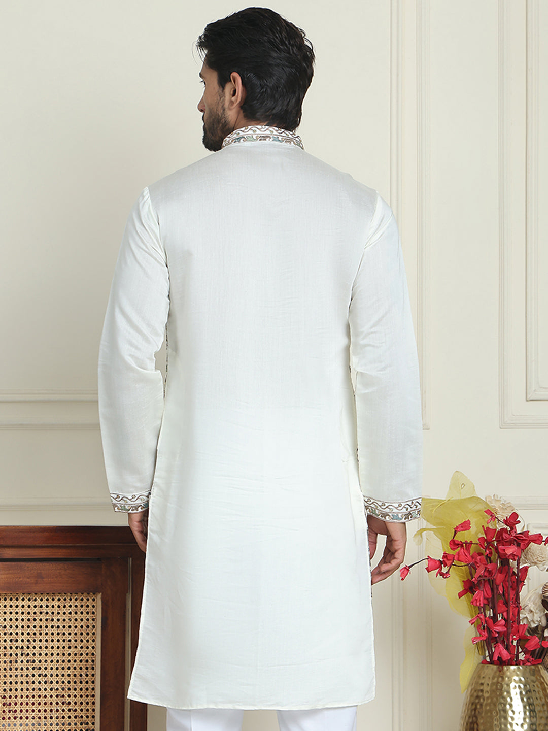Floral Embroidered Straight Kurtas For Men ( KO 5200 White )